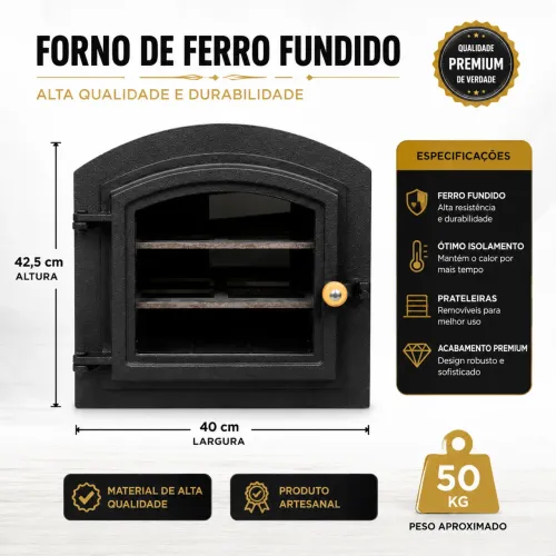 Forno para fogão a lenha de ferro fundido 49x34,5x30