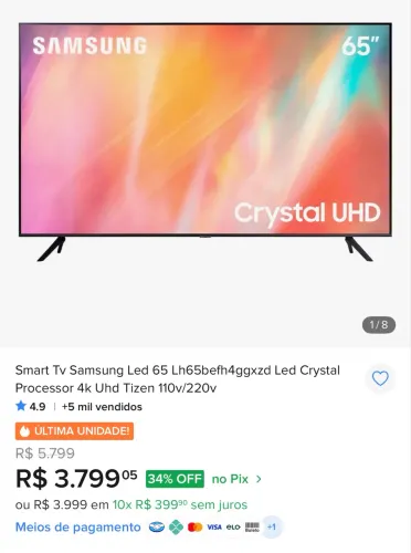 Tv Samsung 65" 4K LED Crystal Ultra HD