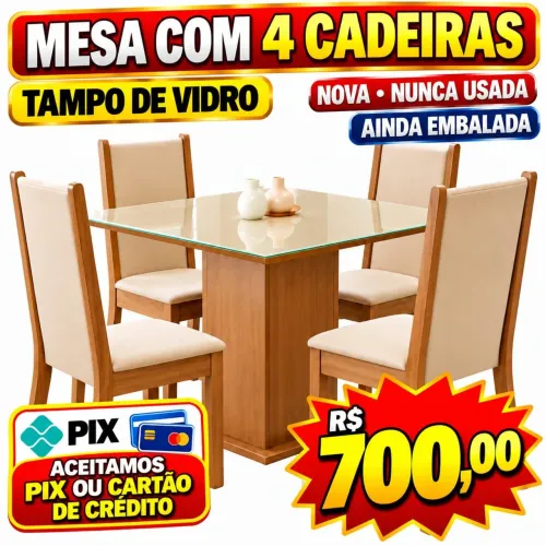 Mesa nova ainda embalada  tampo de vidro c 4 cadeiras 700.00 aceito cartao
