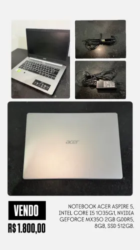 NOTEBOOK ACER ASPIRE 5, INTEL CORE I5 1035G1, NVIDIA GEFORCE MX350 2GB GDDR5, 8GB, SSD 512