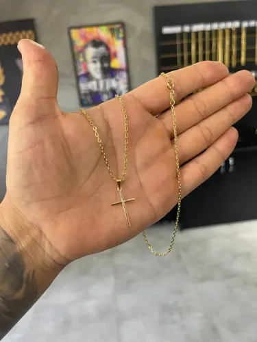 Kit Cadeado 1,2mm + Crucifixo Agulha banhado a ouro 18k