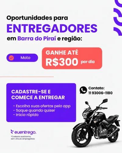Oportunidade para entregas de moto Barra do Piraí - RJ