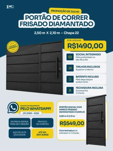 Portão de correr c/social para garagem