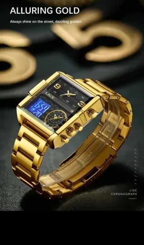 Relógio Masculino LIGE Dourado aprova dágua. Todo Em aço Inoxidável