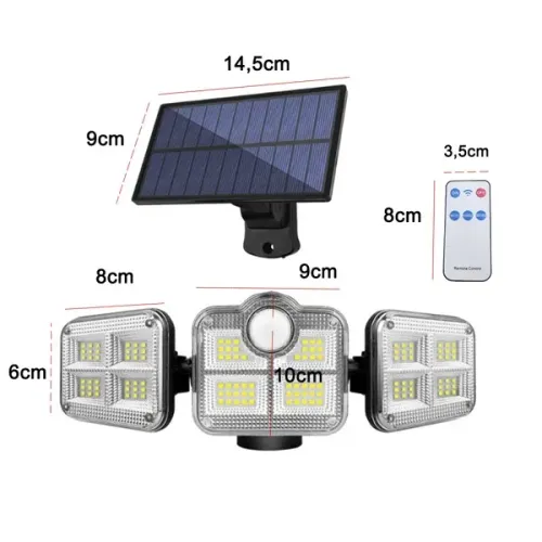 Luminaria Solar Led Refletor 3 Cabeças Sensor Presença