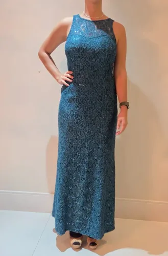 Vestido Longo de Renda com Paetês Azul Petróleo
