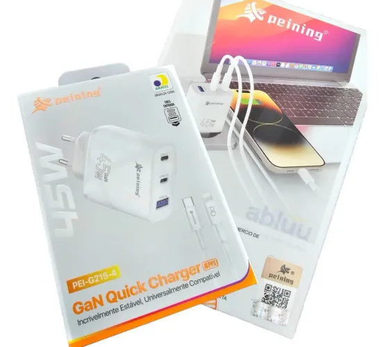 Carregador Turbo GaN 45W Peining PEI-G215-4 p/ iPhone 3 Portas USB-C USB-A PPS Anatel