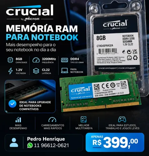 Memória RAM Crucial 8GB DDR4 3200MHz para Notebook - Original