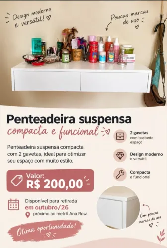 Penteadeira Suspensa Compacta 2 Gavetas Branca