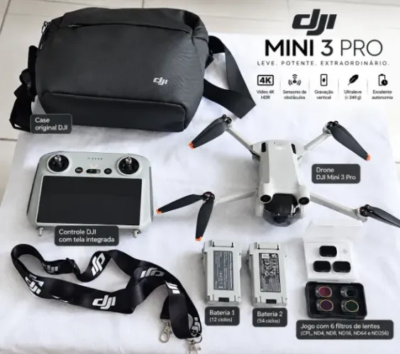 DJI Mini 3 Pro + Controle com Tela + 2 Baterias + 6 Filtros + Case