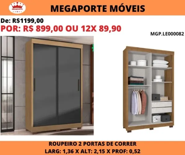 GUARDA ROUPA SOLTEIRO 2 PORTAS DE CORRER