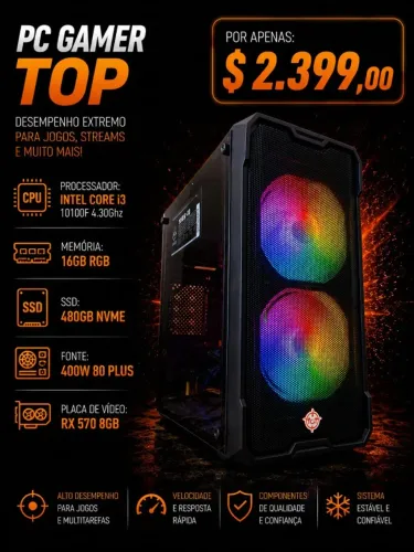 PC Gamer i3 10100F 4.3Ghz / Mem 16Gb / SSD 480Gb / RX 570 8Gb (aceito cartão)
