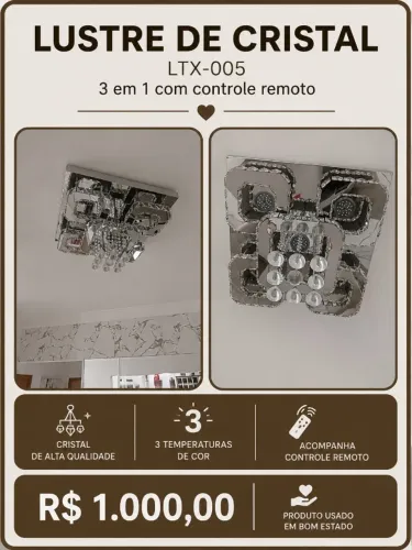 Lustre de Cristal LTX-005 3 em 1 com Controle Remoto - Elegância para Seu Ambiente