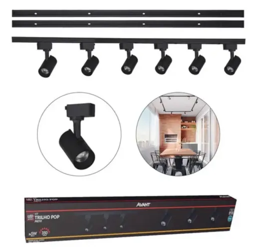 Kit Trilho Eletrificado 30w 3000k 2m Preto Com 12 Spot - Avant