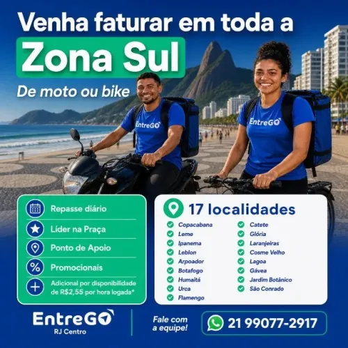 Entregador de moto em Ipanema e Leblon - saque diário e repasse semanal
