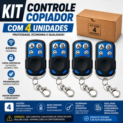 Kit com 4 Controles Copiadores Universal 433MHz para Portão