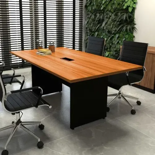 Mesa de Reuniao 2,5x1 Escritorio Amadeirada Com Base Preta