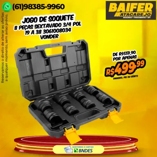 Jogo de Soquete 8 Peças Sextavado 3/4 Pol 19 a 38 3061008034 Vonder
