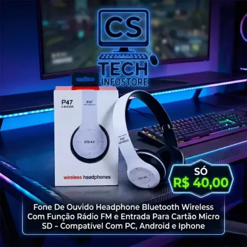 Fone de Ouvido Bluetooth 5.0 com Rádio FM, Micro SD e Entrada Auxiliar