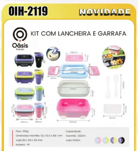 kit com lancheira e garrafa capacidade da marmita de 1200ml e copo com 550ml