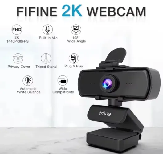 Webcam Fifine K420 2k 1440p C/ Tripe E Microfone Embutido Cor Preto