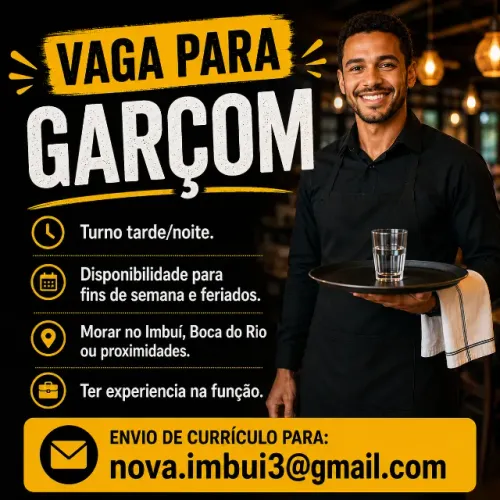 Vaga para Garçom com Experiência. Período: Tarde/noite
