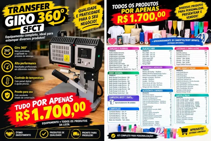Máquina Transfer Giro 360 SFCT + Estoque para Sublimação