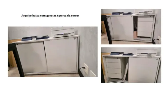 Arquivo baixo com gavetas e porta de correr