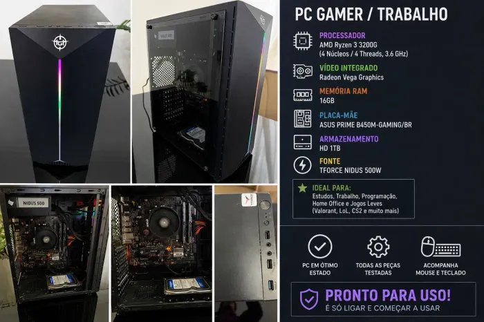 PC Ryzen 3 3200G | 16GB RAM | Placa-mãe B450M | Pronto para Uso