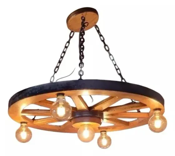 Luminária Retrô Madeira Maciça, Épica Roda De Carroça, Fazenda Sítio Lustre 70cm 5 bocal