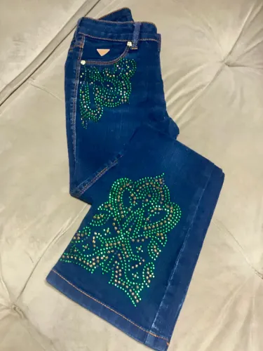 Calça infantil country jeans strass com predrinhas tamanho 8- 80cm/altura-26cm/cintura 