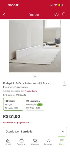 3 unidades de Rodapé 7x240cm Poliestireno Fit Branco Frisado - Biancogres