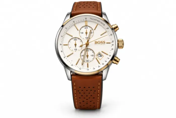 Relógio Masculino BOSS Champion White 1513879 44mm Pulseira de Couro Marrom Perfurado Novo