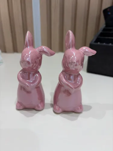 2 Enfeite Coelho Cerâmica Rosa 10cm Pascoa