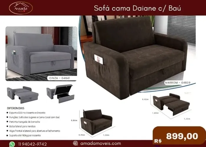 Sofá cama Daiane com baú, a pronta entrega