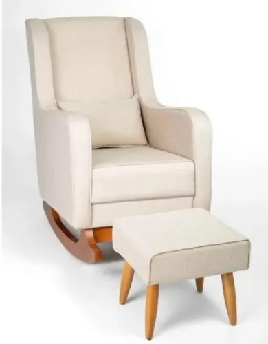 Poltrona de Amamentação com Balanço e Puff - Encosto Alto Linho Bege - Lahome Decor