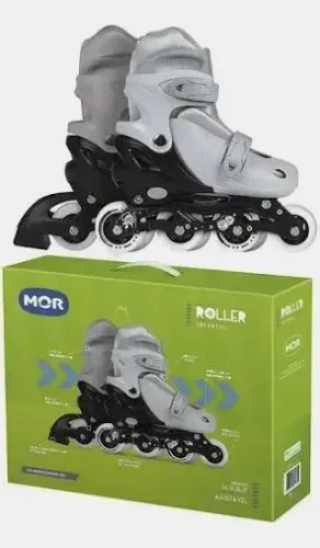 Kit Patins Roller Infantil Cinza Tamanho AJUSTÁVEL (34-37) com Capacete e Joelheira