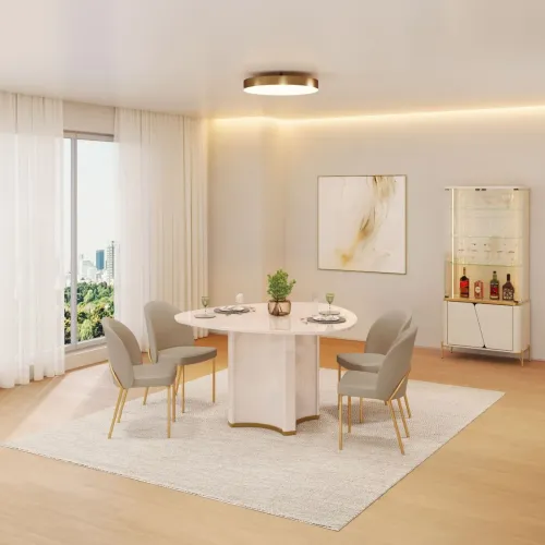 Mesa de Jantar Chanel Tampo Orgânico 4 Cadeiras Lizy Dourado / Linho Bege Dj<br>