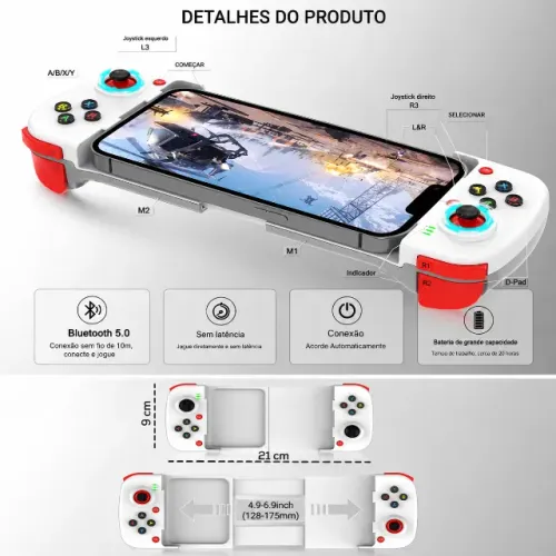 Controle Gamepad Bluetooth 5.0 para Celular Android iOS PC Switch Recarregável Joystick