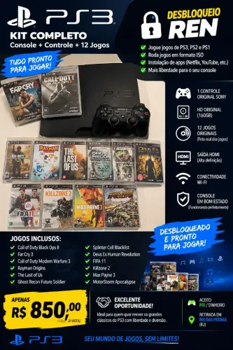 PS3 + Controle Original + 12 Jogos - Desbloqueado