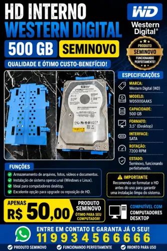 ? HD WESTERN DIGITAL 500 GB - SEMINOVO
