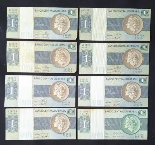 Lote 8 antigas cédulas de 1 Cruzeiro - Notas