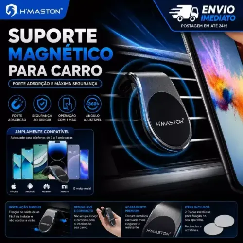 Suporte Celular Automotivo Magnético Imã 360° Veicular Carro H'maston CJ-23. ENTREGO HOJE