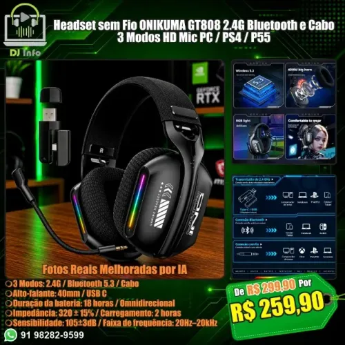 Headset sem Fio ONIKUMA GT808 2.4G Bluetooth e Cabo 3 Modos HD Mic PC / PS4 / P55