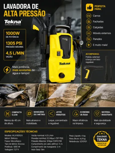 Lavadora de Alta Pressão Tekna 1305 PSI 1000W ? Compacta e Potente