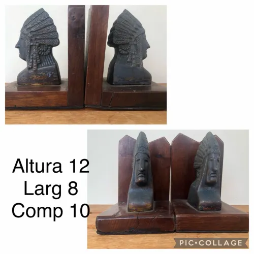 Par de Aparadores de Livros Vintage - Índio Americano em Metal e Madeira