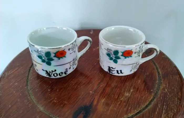 Antigo Par Xícaras Café Eu e Você Anos 70 vintage