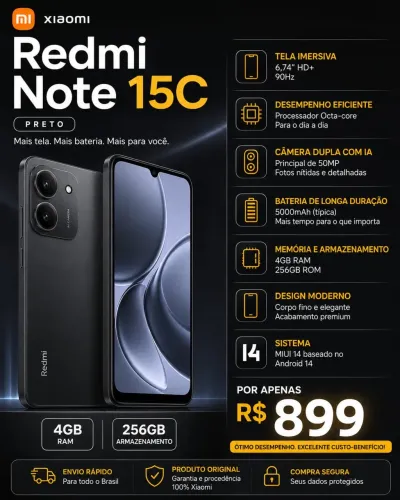 Xiaomi RedMi Note 15C 4GB 256GB Preto Novo Lacrado