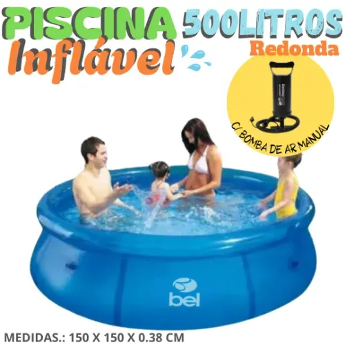 PISCINA INFLÁVEL 500 LITROS BEL REDONDA EM PVC RESISTÊNTE., ACOMPANHA A BOMBA DE AR MANUAL