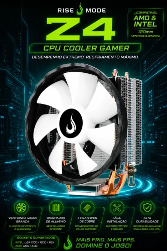 CPU Cooler Rise Mode Gamer Z4 AMD & Intel 120mm Ventoinha Branca (NOVO/LACRADO!)